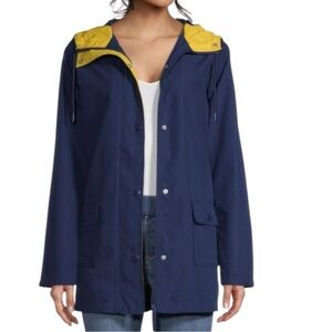St. John's Bay Navy Blue Yellow Trim Hooded Rain coat Jacket medium snap pockets